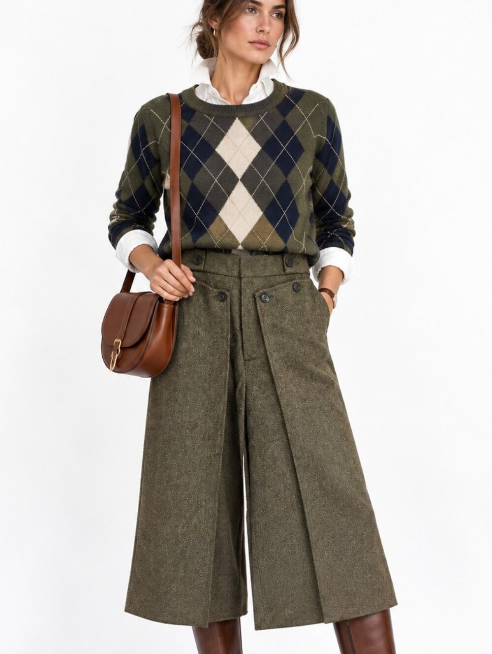 Banana Republic Gaucho Pants Wool Olive Green Herringbone With Chap Like Overlay